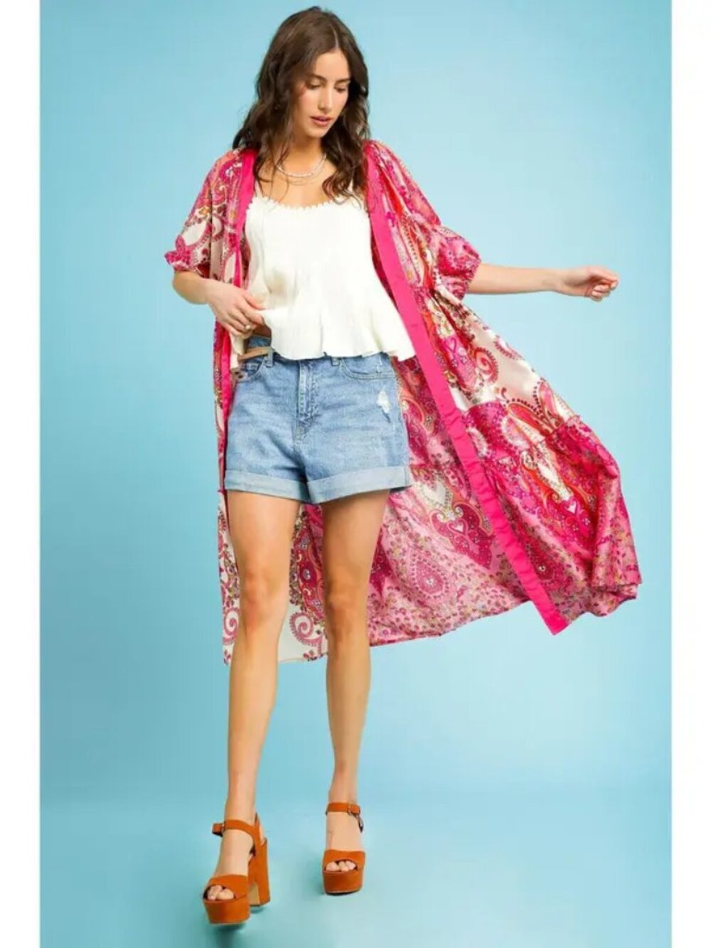 B74 Umgee Printed Open Front Puff Sleeve Cover Up Kimono Pink NEW